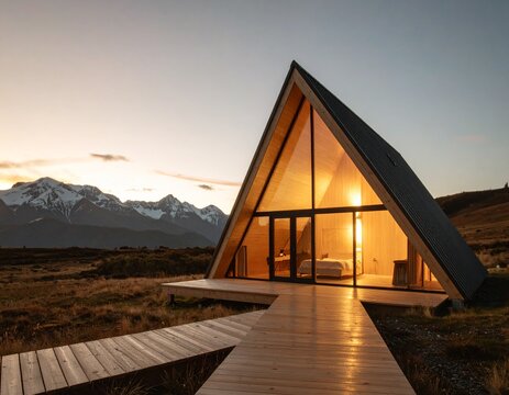 Modern triangular house with glass in the mountains - Powered by Adobe