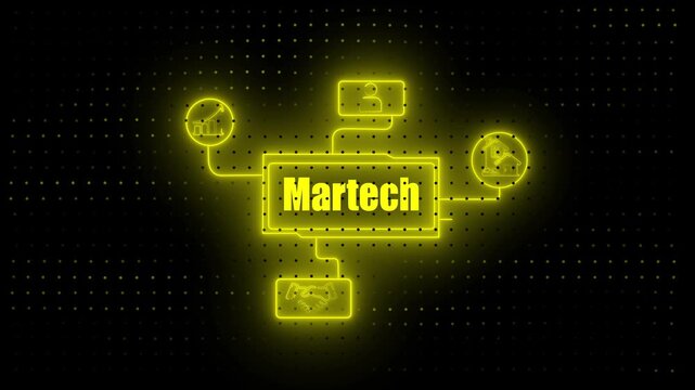 Martech neon infographic with growth chart and user icon on dark grid background digital