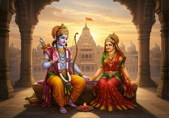 Fototapeta premium Indian Gods Ram and Sita in Temple, Hindu Religious Art, Archways and Holy Shrine at Sunset.