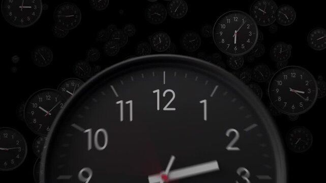 Many time lapse classic clock faces floating space showing different time. Busy time flow concept. Clock hands rotating quickly. Black background, seamless loop animation.