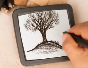 Hand Drawing Delicate Tree Sketch Directly On Mobile Phone Screen
