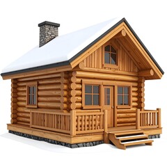 3d cartoon alaska log cabin with timber logs, sloped roof, small chimney and snow accents, rustic winter survival house.