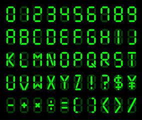 デジタル文字と数字。液晶モニターにアルファベット。時計の文字。黒の背景にデジタルのフォント。