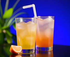 Fototapeta premium Refreshing summer cocktails: orange juice and grapefruit juice with ice and straw drink recipe
