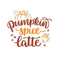 Pumpkin spice latte hand lettering composition with pumpkin, coffee mug and beans