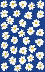 Blue colour pattern with beautiful white flowers. Blue fabric background 
