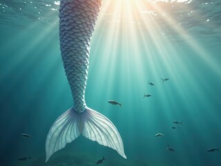 A single paper boat floats in a deep, teal-colored ocean with magical light rays shining from above. Conceptual art representing hope, journey, solitude, and discovery in a serene underwater scene