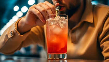 Refreshing summer cocktail recipe man enjoying drink with straw at bar happy hour