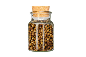 coriander in glass container isolated on white background