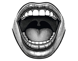 Open mouth teeth tongue vector illustration graphic design artwork drawing halftone black and white scream on transparent background