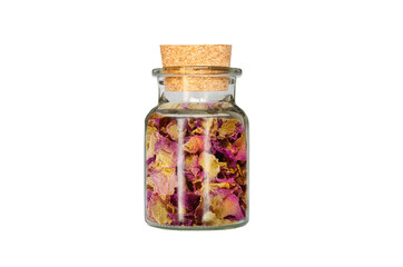 Tea rose in glass container isolated on white background