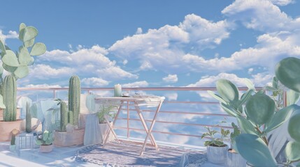 A serene balcony scene with cacti, a small table, and a backdrop of fluffy clouds against a blue sky
