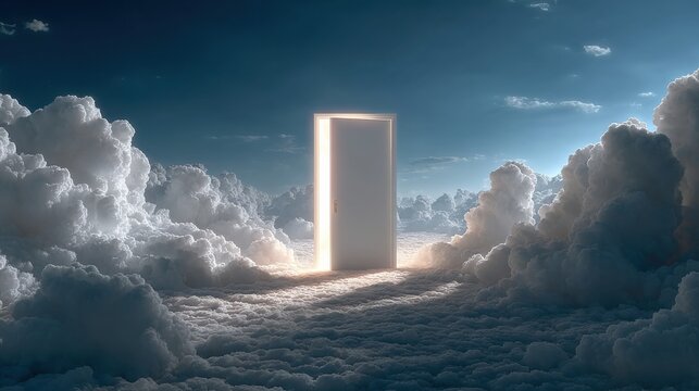White ornate door opening to a vast heavenly world with glowing clouds and sparkling light rays
