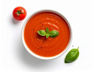 Tomato basil soup served in a matte ceramic bowl , clean white background