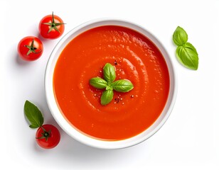 Tomato Soup in a soft red ceramic bowl, clean white background