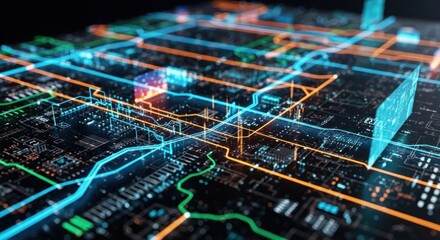 Abstract circuit board with glowing pathways