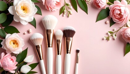 Minimalist flat lay featuring blush palette makeup brushes on white and soft pink background, creating stylish and elegant aesthetic for beauty enthusiasts 
