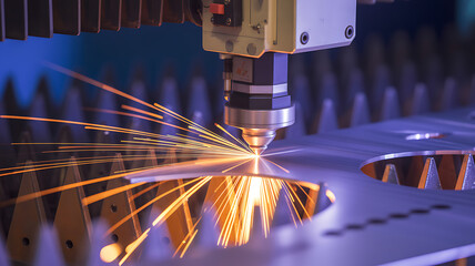 Laser cutting machine precisely cutting metal with bright sparks industrial