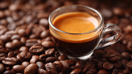 Fototapeta premium Close-up of a rich espresso coffee shot served in a glass cup on a bed of roasted coffee beans