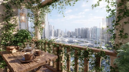 A balcony with coffee and a view of a city skyline covered in ivy and other greenery on a sunny day