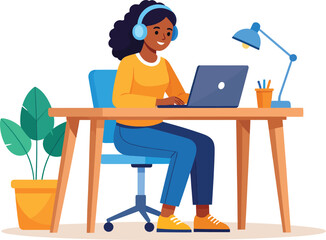 Fototapeta premium Vector flat illustration of a happy young woman working from home with laptop and headphones, remote office workspace