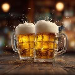 Two mugs of beer with splashing foam