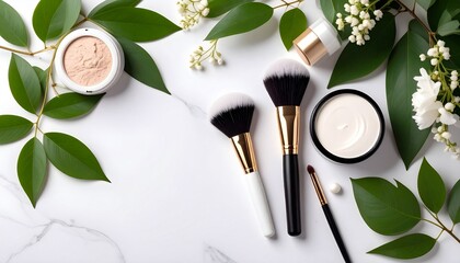 Minimalist flat lay featuring blush palette makeup brushes on white and soft pink background, creating stylish and elegant aesthetic for beauty enthusiasts 
