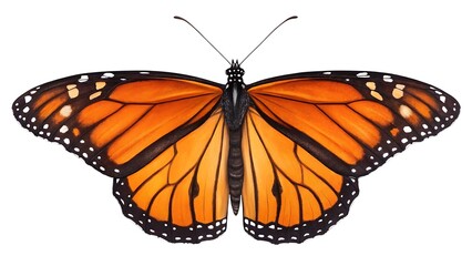 Fototapeta premium Beautiful monarch butterfly with orange wings and black veins isolated on white