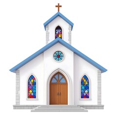 3d cartoon catholic church with high bell tower, stained glass windows, stone walls, arched entrances, patterned tiles, lanterns, and colorful fabric canopies.