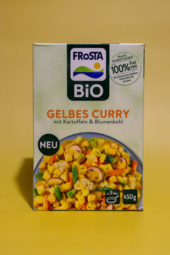 Menden, NRW, Germany - July 29, 2025 Vegan or vegetarian FROSTA Organic Yellow Curry with potatoes and cauliflower