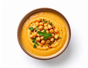 Chickpea Soup in a rustic beige ceramic bowl with visible chickpeas, clean white background