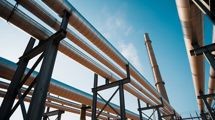 Industrial metal pipes curving against a bright blue sky pipeline steel