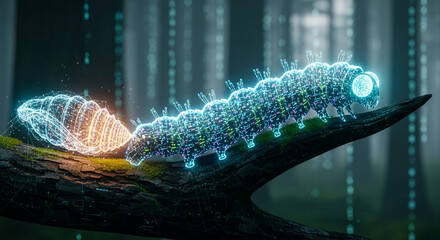 Digital caterpillar transforming from cocoon on mossy branch, set against a blurred forest background, symbolizing metamorphosis, technology, and nature's cycle