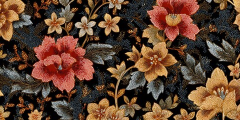 Vibrant red and gold floral pattern with intricate detailing