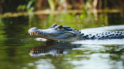 Naklejka premium Alligator swims gracefully through the serene waters of the bayou river