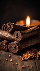 Stack of dark fruit leather logs on rustic wood with star anise and spices. Warm, moody light highlights rich textures. Premium, appetizing close-up scene.


