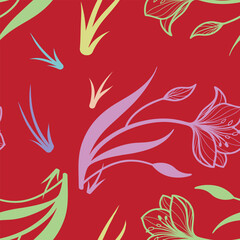 Elegant floral seamless pattern with hand-drawn abstract flowers and leaves in pastel colors on a red background. Perfect for fabric, wallpaper, stationery, or decorative designs.