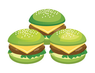  Delicious Green Bun Burgers with Cheese - Vector Illustration