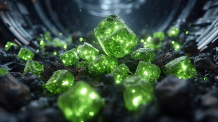 Glowing uranium fuel pebbles illuminate a futuristic reactor chamber showcasing advanced nuclear technology and safety features