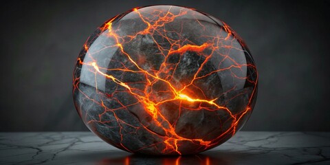 Intense Inner Glow A Sphere of Dark Stone with Fiery Veins and Cracks Illuminating from Within