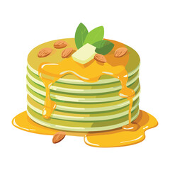 Healthy Green Pancakes with Nuts and Syrup - Vector Illustration