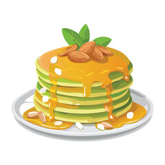 Stack of Green Pancakes with Almonds - Vector Illustration