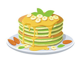 Healthy Green Pancakes Stack with Toppings - Vector Illustration