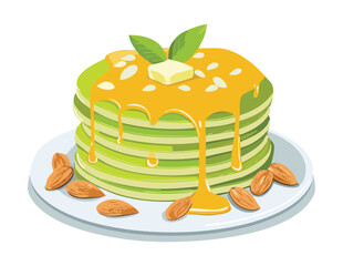 Delicious Green Pancakes with Honey Drizzle - Vector Illustration