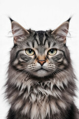 Majestic Maine Coon's portrait: The intense gaze of a dignified Maine Coon, with detailed fur texture and distinctive ear tufts, embodies the regal essence of a domestic feline.