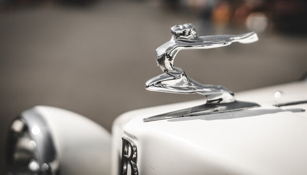 N&uuml;rburgring, Adenau, Germany - June 13, 2025: Close-up of an Art Deco &bdquo;Flying Goddess&ldquo; hood ornament on a vintage US Buick car.