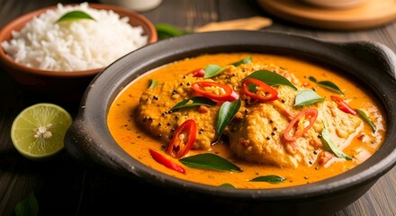 Delicious fish curry with rice and lime on a wooden table, garnished with herbs and red peppers. AI Generated