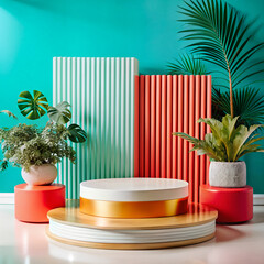 Modern product display podium with tropical plants vibrant colors and geometric shapes for showcasing products or creating eye catching advertisements and marketing materials