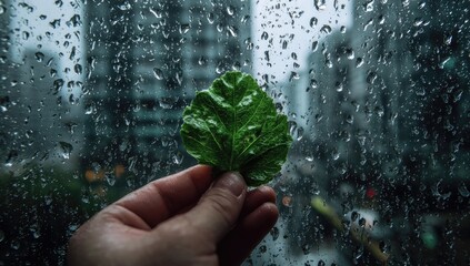 A hand holds a vibrant green leaf against a windowpane covered in raindrops, city skyline blurred in the background