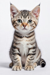 Curious Kitten: A mesmerizing close-up of a young kitten with striking patterned fur, alert eyes, and a captivating presence, embodying innocence and charm.